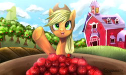Size: 3907x2344 | Tagged: safe, artist:denparasaito, applejack, g4, :d, apple, apple tree, barn, female, high res, looking at you, solo, tree, waving