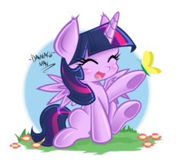 Size: 2630x2500 | Tagged: safe, artist:danmakuman, twilight sparkle, alicorn, butterfly, pony, g4, cute, danmakuman is trying to murder us, female, happy, high res, mare, simple background, solo, transparent background, twiabetes, twilight sparkle (alicorn), weapons-grade cute