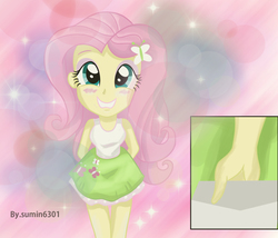 Size: 1752x1500 | Tagged: safe, artist:sumin6301, fluttershy, equestria girls, g4, clothes, cute, female, fluttershy's skirt, looking at you, love letter, shyabetes, skirt, solo, tank top