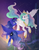 Size: 4500x5700 | Tagged: safe, artist:katyand, princess celestia, princess luna, alicorn, pony, g4, absurd resolution, canterlot, canterlot castle, duo, female, flying, looking at each other, mare, night, royal sisters, siblings, sisters, sky, starry night, stars