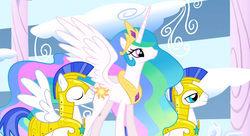 Size: 1099x597 | Tagged: safe, screencap, princess celestia, alicorn, pegasus, pony, g4, sonic rainboom (episode), female, male, mare, pegasus royal guard, royal guard, stallion