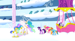 Size: 1099x597 | Tagged: safe, screencap, applejack, fluttershy, pinkie pie, princess celestia, rainbow dash, rarity, twilight sparkle, alicorn, earth pony, pegasus, pony, unicorn, g4, sonic rainboom (episode), cloudiseum, female, hot air balloon, male, mane six, mare, pegasus royal guard, royal guard, stallion, twinkling balloon, unicorn twilight