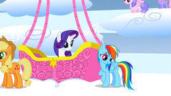 Size: 1099x618 | Tagged: safe, screencap, applejack, rainbow dash, rainbowshine, rarity, g4, sonic rainboom (episode)