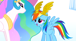 Size: 1098x597 | Tagged: safe, screencap, princess celestia, rainbow dash, g4, sonic rainboom (episode), headdress