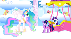 Size: 1099x597 | Tagged: safe, screencap, dizzy twister, high spirits, lyra heartstrings, orange swirl, parasol, princess celestia, rarity, spring melody, sprinkle medley, twilight sparkle, alicorn, pegasus, pony, unicorn, g4, sonic rainboom (episode), background pony, female, hot air balloon, mare, twinkling balloon, unicorn twilight