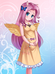 Size: 950x1272 | Tagged: safe, artist:razorkun, fluttershy, human, g4, cleavage, clothes, dress, eared humanization, female, humanized, light skin, winged humanization