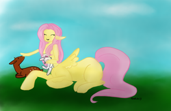 Size: 1050x684 | Tagged: safe, artist:mizzgenk, fluttershy, centaur, ponytaur, taur, g4, centaurshy, eyes closed, female, pegataur, solo, species swap