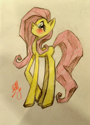 Size: 781x1076 | Tagged: safe, artist:radian-the-art, fluttershy, g4, blushing, female, looking at you, missing cutie mark, profile, solo, traditional art, wingless