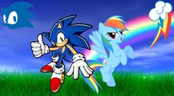 Size: 1354x745 | Tagged: safe, artist:allenravenix, rainbow dash, pegasus, pony, g4, action pose, copy and paste, crossover, cutie mark, day, logo, male, rainbow, sonic team, sonic the hedgehog, sonic the hedgehog (series)