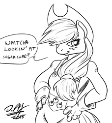 Size: 3289x3610 | Tagged: safe, artist:baikobits, applejack, earth pony, anthro, g4, female, high res, monochrome, overalls, solo
