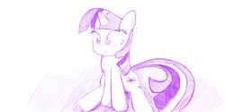 Size: 1280x642 | Tagged: safe, artist:fromamida, twilight sparkle, pony, unicorn, g4, female, mare, monochrome, sitting, smiling, solo