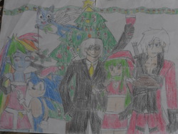 Size: 4320x3240 | Tagged: safe, artist:brandonale, rainbow dash, cat, equestria girls, g4, c.c., christmas, christmas tree, clothes, code geass, crossover, dante (devil may cry), devil may cry, dress, fairy tail, happy (fairy tail), hat, konami, male, metal gear, metal gear rising, photo, raiden, santa claus, santa hat, sonic the hedgehog, sonic the hedgehog (series), traditional art, tree, wine, wine glass