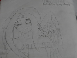 Size: 4320x3240 | Tagged: safe, artist:brandonale, fluttershy, human, parasprite, g4, female, humanized, monochrome, photo, solo, traditional art