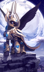 Size: 630x1020 | Tagged: safe, artist:cannibalus, oc, oc only, oc:ruhig fortepiano, protoss, armor, artanis, crystal, moon, solo, starcraft