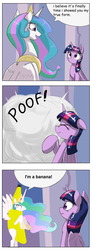 Size: 1024x2786 | Tagged: safe, artist:otakuap edit, princess celestia, twilight sparkle, alicorn, pony, g4, banana suit, bananalestia, celestia's true form, comic, dialogue, exploitable meme, female, mare, meme, onision, poof, scrunchy face, speech bubble, transformation, true form, twilight sparkle (alicorn)