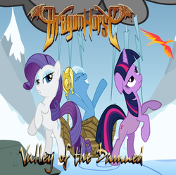 Size: 1280x1270 | Tagged: safe, artist:robe17, rarity, trixie, twilight sparkle, phoenix, pony, unicorn, g4, album cover, dragonforce, dragonhorse, female, mare, metal, power metal, valley of the damned