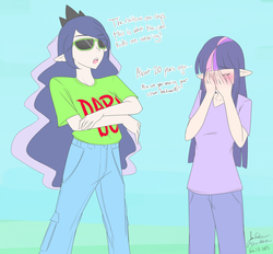 Size: 1280x1188 | Tagged: safe, artist:jonfawkes, princess luna, twilight sparkle, human, g4, '90s, 30 minute art challenge, 90's fashion, backwards ballcap, baseball cap, blushing, clothes, crown, deal with it, dialogue, double facepalm, elf ears, embarrassed, facepalm, hat, humanized, jeans, light skin, rainbow dash always dresses in style, sunglasses, t-shirt, tiara, totally radical, unicorns as elves