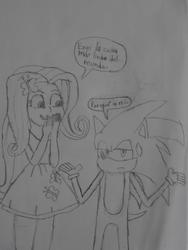 Size: 720x960 | Tagged: safe, artist:brandonale, fluttershy, equestria girls, g4, crossover, lineart, male, monochrome, photo, sonic the hedgehog, sonic the hedgehog (series), spanish, text, traditional art