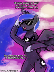 Size: 720x960 | Tagged: safe, artist:lumineko, princess luna, pony, g4, 10 seconds flat, 20% cooler, 30 minute art challenge, bipedal, dork, female, meme, open mouth, solo, spread wings, sunglasses, totally radical, yo