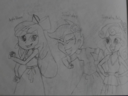 Size: 1024x768 | Tagged: safe, artist:brandonale, apple bloom, scootaloo, sweetie belle, equestria girls, g4, cutie mark crusaders, monochrome, photo, traditional art