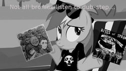 Size: 640x360 | Tagged: safe, rainbow dash, g4, brony, converge, female, monochrome, music, pageninetynine, rites of spring, solo