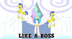 Size: 960x521 | Tagged: safe, princess celestia, alicorn, pegasus, pony, g4, caption, female, flying, hair over one eye, image macro, like a boss, majestic, male, mare, meme, pegasus royal guard, royal guard, smiling, smirk, spread wings, stallion, trio