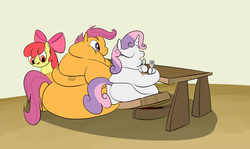 Size: 1500x894 | Tagged: safe, artist:astr0zone, apple bloom, scootaloo, sweetie belle, earth pony, pony, g4, bench, butt, cutie mark crusaders, fat, impossibly large butt, morbidly obese, obese, plot, scootalard, stretch mark crusaders, sweetie belly, the ass was fat