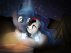 Size: 1024x768 | Tagged: safe, artist:drawponies, princess luna, oc, g4, campfire, camping, cuddling, hot chocolate, night, snuggling, stars