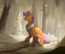 Size: 3000x2474 | Tagged: safe, artist:fuzzyfox11, scootaloo, g4, clothes, forest, happy, high res, scarf, snow, snowfall