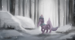 Size: 2000x1075 | Tagged: safe, artist:fuzzyfox11, twilight sparkle, alicorn, pony, g4, clothes, female, forest, hat, mare, scarf, snow, snowfall, solo, twilight sparkle (alicorn)