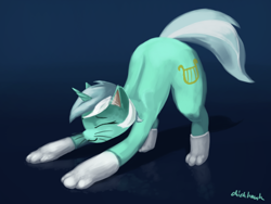 Size: 1600x1200 | Tagged: safe, artist:chickhawk96, lyra heartstrings, pony, unicorn, g4, :3, backbend, behaving like a cat, cat paws, clothes, eyes closed, face down ass up, female, paw gloves, socks, solo, stretching, whiskers