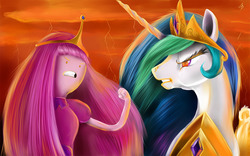 Size: 1200x750 | Tagged: safe, artist:nightshroud, princess celestia, g4, adventure time, duo, duo female, duo male, female, male, princess bubblegum