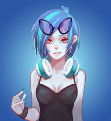 Size: 819x894 | Tagged: safe, artist:wtcolor, dj pon-3, vinyl scratch, human, g4, clothes, female, headphones, humanized, light skin, looking at you, nail polish, pixiv, smiling, solo
