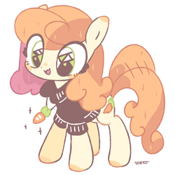 Size: 800x800 | Tagged: safe, artist:wasu, carrot top, golden harvest, earth pony, pony, g4, clothes, cute, cutie top, eye clipping through hair, female, jewelry, necklace, open mouth, pixiv, simple background, smiling, solo, sweater, white background