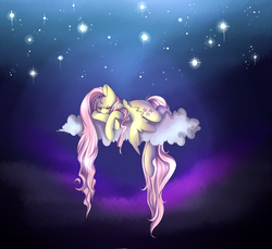 Size: 800x733 | Tagged: safe, artist:rubyrue, fluttershy, pegasus, pony, g4, cloud, eyes closed, female, long mane, long tail, mare, night, sleeping, solo, stars