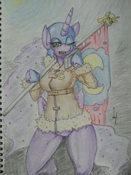 Size: 960x1280 | Tagged: safe, artist:kenoi, nightmare moon, anthro, g4, arm hooves, bipedal, clothes, female, pixiv, solo, traditional art, twilight scepter