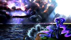 Size: 4800x2700 | Tagged: safe, artist:flamevulture17, princess luna, g4, cloud, cloudy, crepuscular rays, female, lightning, ocean, solo, wave