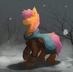 Size: 2800x2759 | Tagged: safe, artist:fuzzyfox11, scootaloo, g4, clothes, coat, high res, older, scarf, snow, snowfall, winter