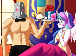 Size: 4600x3400 | Tagged: safe, artist:skecchiart, princess celestia, human, anthro, g4, abs, bed, blush sticker, blushing, bouquet, bowtie, breasts, clothes, crossover, dark souls, female, flower, frown, glare, notice me senpai, praise the sun, rose, solaire of astora, sparkles, spread wings, teacup, teapot, topless, valentine, valentine's day