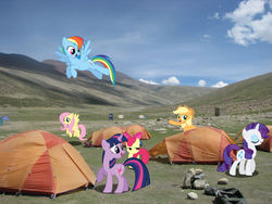 Size: 3264x2448 | Tagged: safe, artist:gnp foehammer, apple bloom, applejack, fluttershy, rainbow dash, rarity, twilight sparkle, g4, camping, high res, irl, photo, ponies in real life