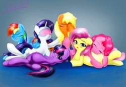 Size: 6020x4180 | Tagged: safe, artist:sverre93, applejack, fluttershy, pinkie pie, rainbow dash, rarity, twilight sparkle, pony, g4, absurd resolution, cuddle puddle, cuddling, mane six, sleep mask