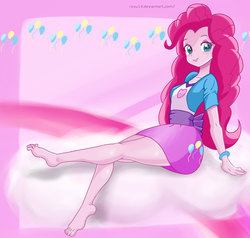 Size: 2071x1973 | Tagged: dead source, safe, artist:ryou14, pinkie pie, human, equestria girls, g4, barefoot, feet, looking at you, missing shoes, on a cloud, sitting, sitting on a cloud, smiling