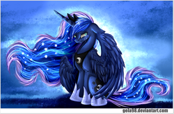 Size: 1940x1270 | Tagged: safe, artist:gela98, princess luna, g4, crying, female, floppy ears, sitting, solo, spread wings