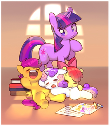 Size: 882x1008 | Tagged: safe, artist:hotomura, apple bloom, applejack, fluttershy, pinkie pie, rainbow dash, rarity, scootaloo, sweetie belle, twilight sparkle, earth pony, pegasus, pony, unicorn, g4, adorabloom, book, bow, crayon, cute, cutealoo, cutie mark crusaders, diasweetes, drawing, drool, eyes closed, female, filly, floppy ears, hair bow, hnnng, lying down, mane six, mare, on back, open mouth, prone, raised hoof, sleeping, smiling, snoring, underhoof, unicorn twilight, uvula, weapons-grade cute