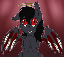 Size: 1000x890 | Tagged: safe, artist:meggchan, oc, oc only, oc:qetesh, angel, bat pony, pony, clothes, costume, fangs, feather, halo, puppy dog eyes, smiling, tape