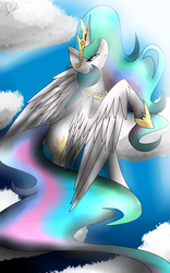 Size: 2500x4000 | Tagged: safe, artist:thedudegamer, princess celestia, g4, cloud, cloudy, female, flying, looking back, solo