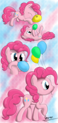 Size: 613x1303 | Tagged: safe, artist:caumen, pinkie pie, earth pony, pony, g4, balloon, balloonacy, blowing up balloons, cute, female, mare, mouth hold, solo, that pony sure does love balloons