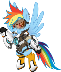 Size: 1024x1209 | Tagged: dead source, safe, artist:farminilla, rainbow dash, g4, analiz sánchez, clothes, cosplay, costume, crossover, female, goggles, latin american, overwatch, rainbow tracer, science fiction, simple background, solo, tracer, transparent background, vector, video game, voice actor joke