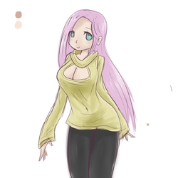 Size: 2500x2500 | Tagged: safe, artist:burnoid096, fluttershy, human, g4, boob window, cleavage, clothes, female, high res, humanized, keyhole turtleneck, light skin, open-chest sweater, pantyhose, smiling, sweater, sweatershy, turtleneck