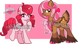 Size: 1000x560 | Tagged: safe, artist:xwhitedreamsx, oc, oc only, deer, pony, unicorn, bow, clothes, drill hair, earring, eyeshadow, female, male, mare, simple background, smiling, stallion, transparent background, uniform, unshorn fetlocks, watermark